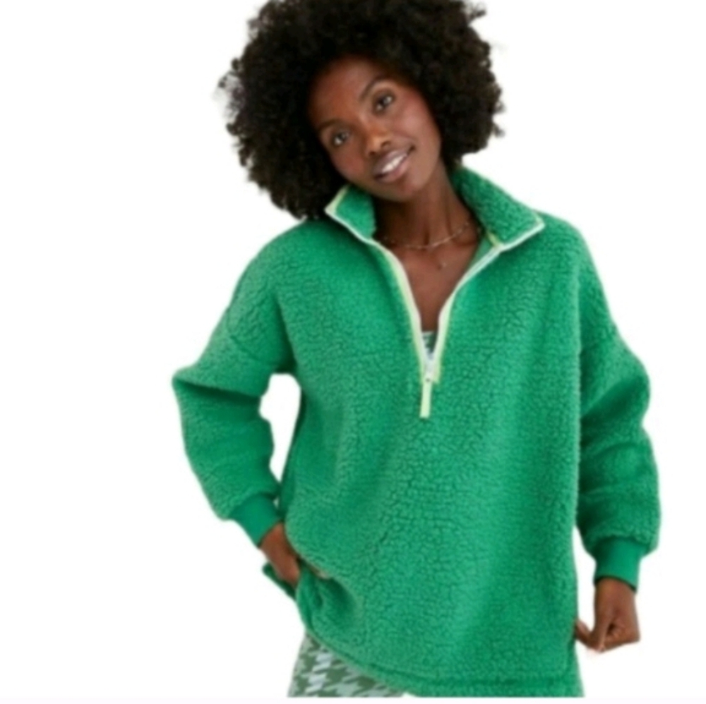 Aerie Dream Sherpa Quarter Zip Hometown Sweatshirt Kelly Green Sz S